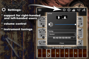 Settings: support for right-handed, left-handed users, volume control, instrument tunings