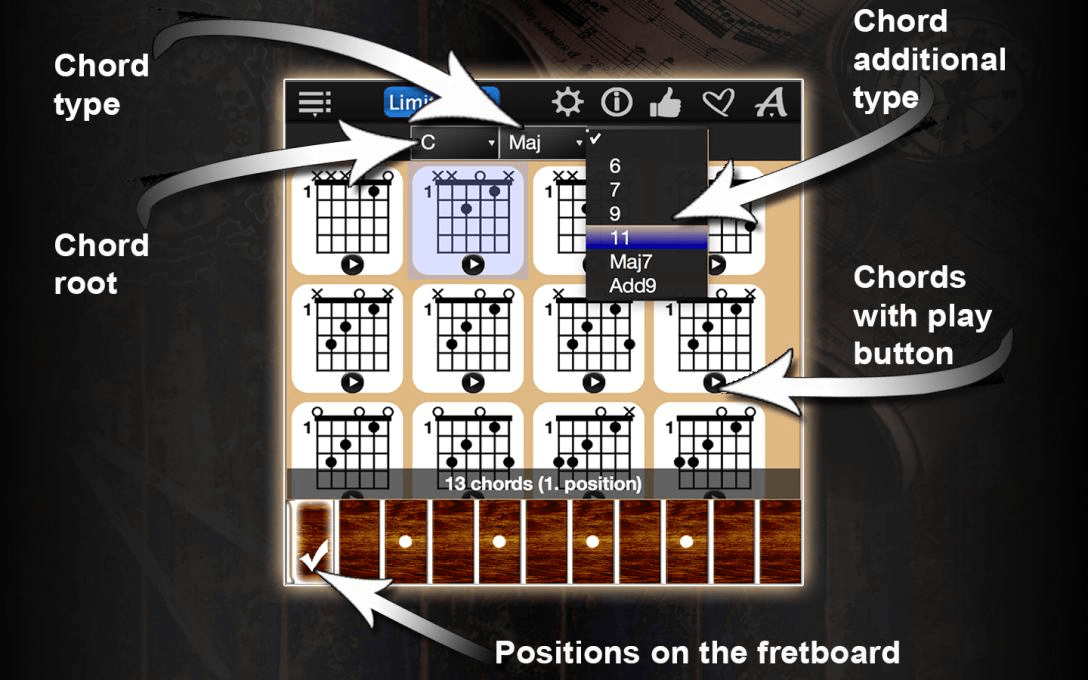 Chord  type, Chord  root, Chord additional type, Chords with play  button, Positions on the fretboard,
