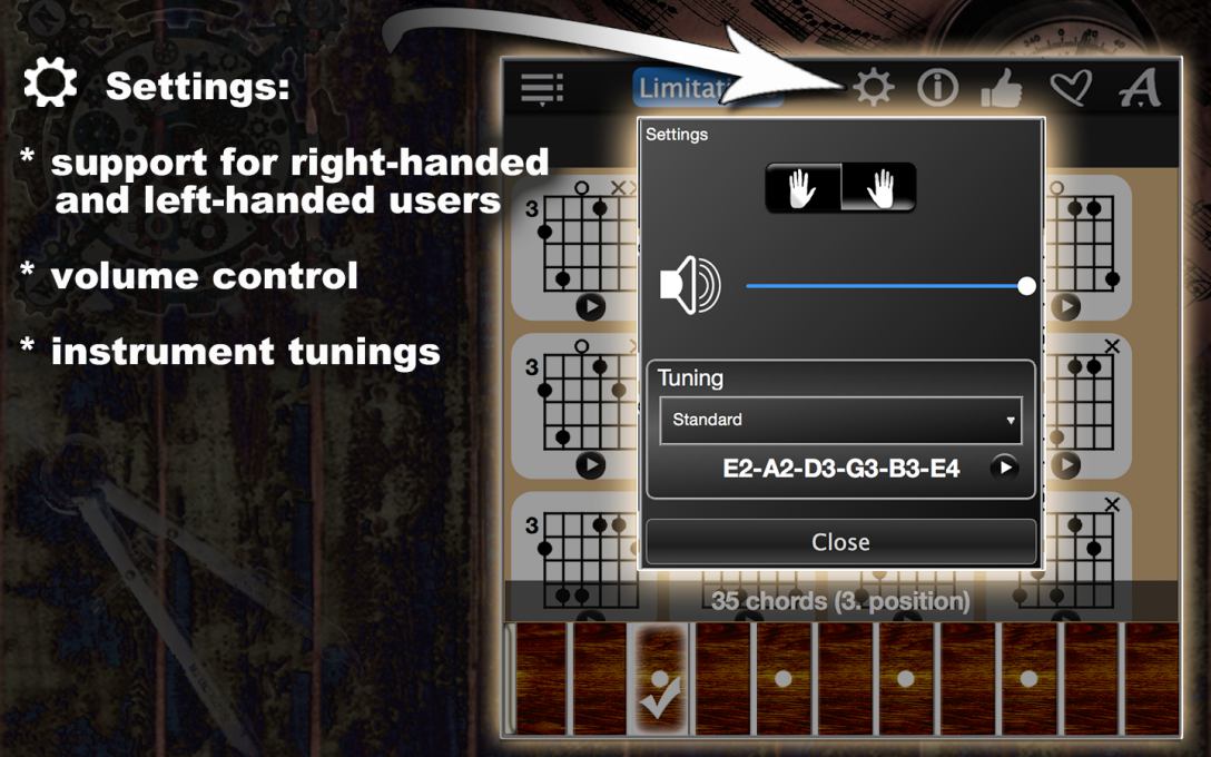 Settings: support for right-handed, left-handed users, volume control, instrument tunings
