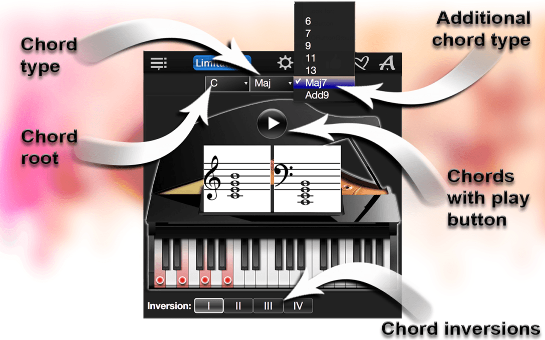 Chord  root, Chord  type,  Additional  chord type, Chords with play  button, Chord inversions.