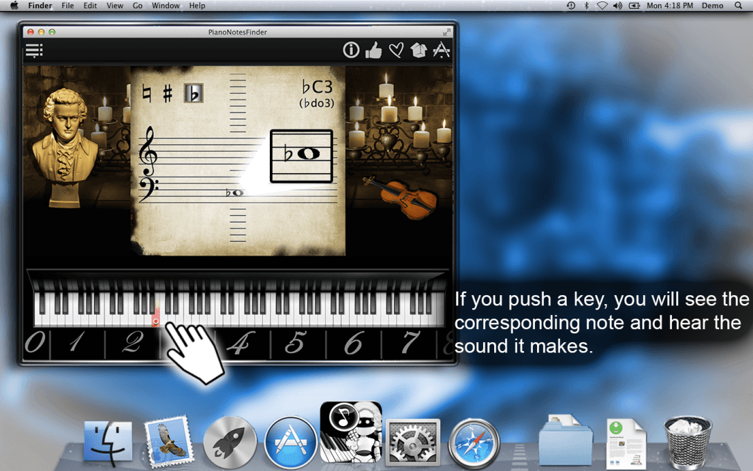 If you push a key, you will see the corresponding note and hear the  sound it makes.