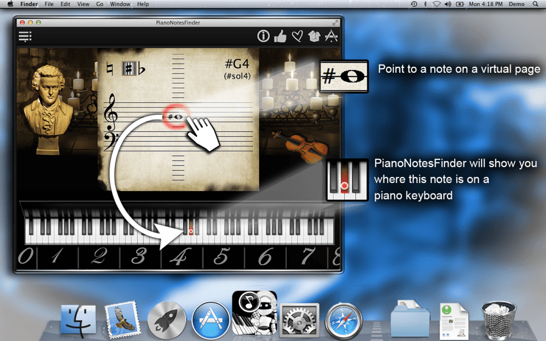 Point to a note on a virtual page.PianoNotesFinder will show you where this note is on a  piano keyboard.