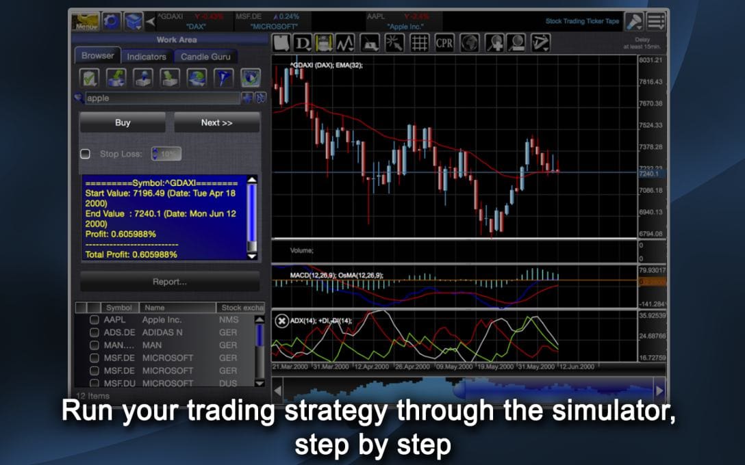 Run your trading strategy through the simulator,  step by step