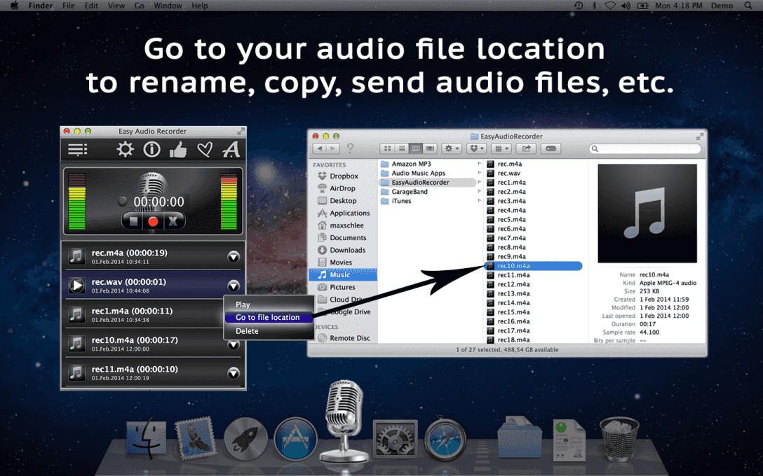Go to your audio file location  to rename, copy, send audio files, etc.