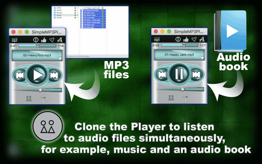 Clone the Player to listen  to audio files simultaneously,  for example, music and an audio book